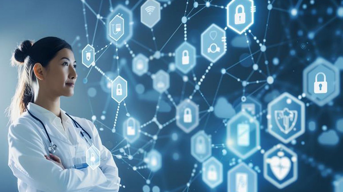 &Auml;rztin vor digitaler Visualisierung mit Sicherheitssymbolen und vernetzten Datenpunkten &mdash; Compliance by Design im Gesundheitswesen